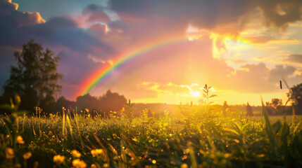 A rainbow is seen in the sky above a field of grass - obrazy, fototapety, plakaty