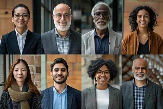 A group of people are smiling for the camera. The image is a collage of people with different ages and genders. Scene is happy and friendly, as everyone is smiling and posing for the camera