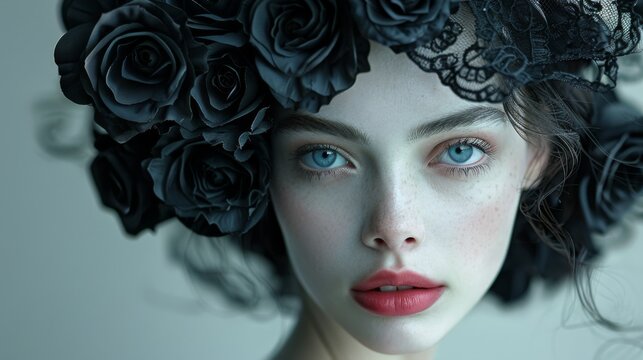 An artistic image featuring a model with a luxurious arrangement of black roses instead of hair. 