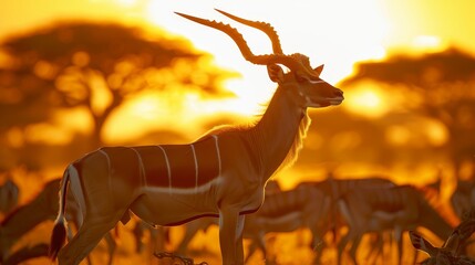   A herd of gazelles stands together on a grassy field as the sun sets - Powered by Adobe