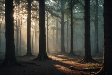 Dawn Awakens the Dense Woods: Sun-Pierced Forest with Exposed Root Systems