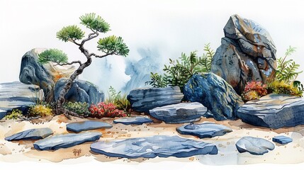 A tranquil Zen garden with sand patterns and carefully placed rocks.