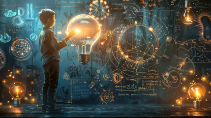 A boy is holding a light bulb in front of a wall with a lot of equations