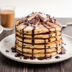 chocolate chip with melted chocolate with pancake with glass of coffee