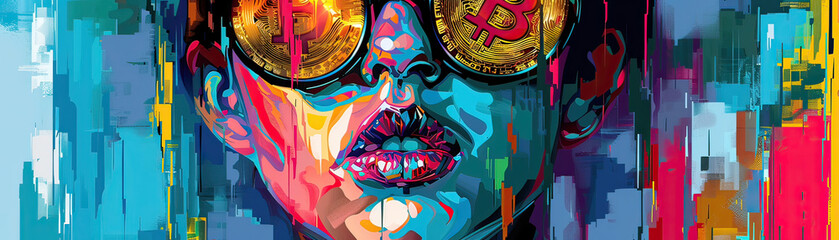 Pop art-inspired illustration integrating cryptocurrency symbols with bold facial features, depicting economic influence.