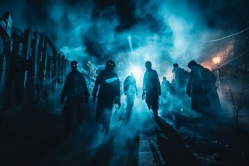 This image captures the thrilling and chilling atmosphere of a Halloween haunted maze event The scene depicts a dark fog filled outdoor setting where actors dressed as ghouls and monsters lurk ready