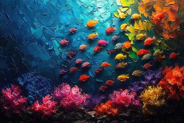 A vibrant coral reef teeming with colorful fish, captured in the style of an oil painting. The background is a dark blue and there is lots of light coming from above. Created with Ai