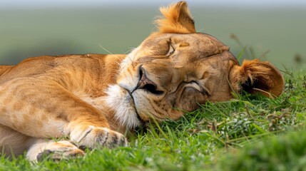   A tight shot of a lion reclining in the grass, head resting on its back, eyes shut