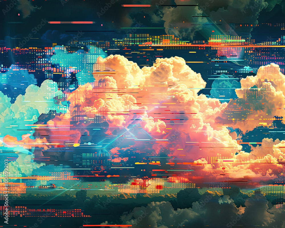 Aufkleber futuristic digital artwork showing clouds and a circuit board, symbolizing cloud computing and moder