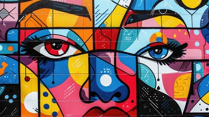 A colorful mural of two faces with bright colors and geometric shapes.