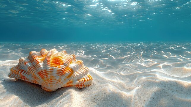 A clam peacefully nestled in the sandy seabed, its shell partially open as it filters water for nutrients under the clear blue ocean.