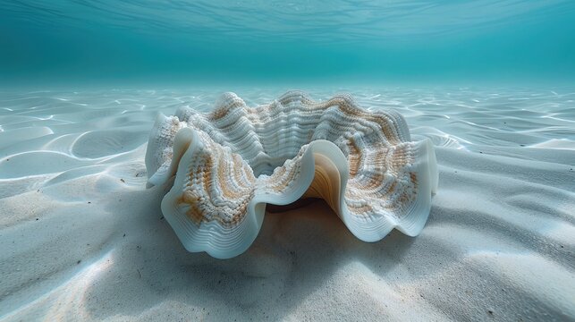 A clam peacefully nestled in the sandy seabed, its shell partially open as it filters water for nutrients under the clear blue ocean.