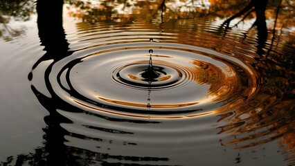 Water droplet in puddle creating ripples symbolizes individual actions for change . Concept Change, Symbolism, Water Droplet, Ripples, Individual Actions