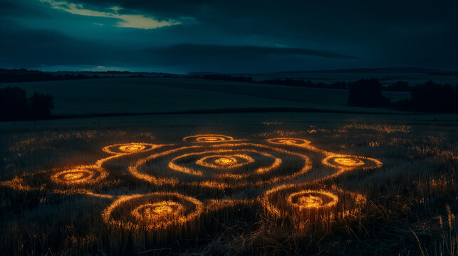 Mysterious glowing circular patterns in a night field, evoking intrigue about crop circles and alien theories