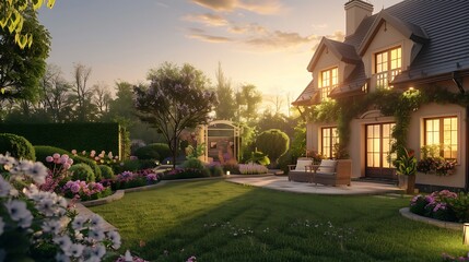 Beautiful home exterior in evening with healthy green lawn and flowerbeds - Powered by Adobe