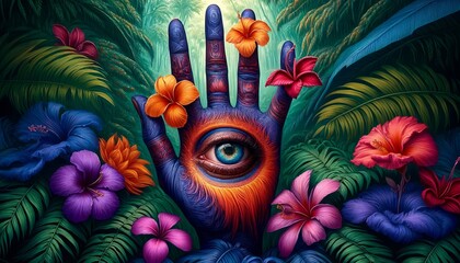 Obraz premium A hand with a flower in its eye is surrounded by a colorful garden
