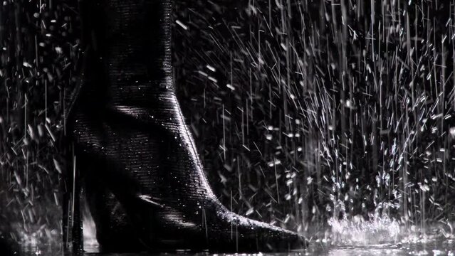 Model begins slowly to step back under rainfall. Fishnet tights and pair of sleek black high-heels boots accentuate slim legs at night