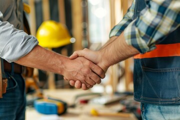 Contractor and homeowner shaking hands after agreeing on home renovation project - obrazy, fototapety, plakaty