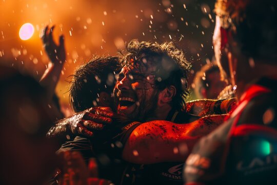 Euphoric soccer players celebrating victory