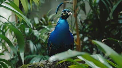   A tight shot of a blue bird perched on a tree branch against a backdrop of lush tropical plants and trees