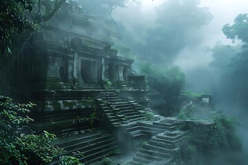 An ancient temple hidden within a lush, misty jungle
