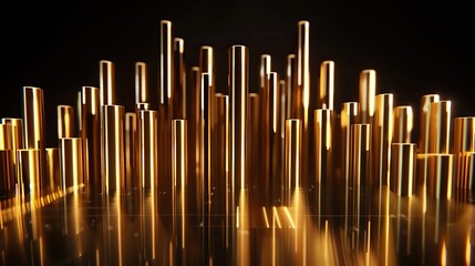 Dynamic rendering 3D golden bar graph with soaring columns represents a symbol of growth, investment, success in a company business