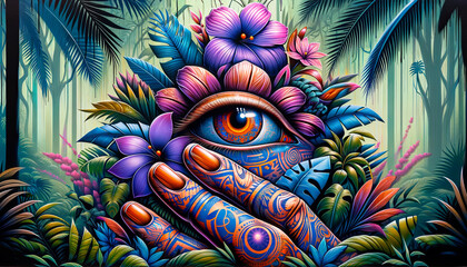 A colorful painting of a hand with a flower in its eye. The painting has a tropical feel to it, with lots of green foliage and bright colors