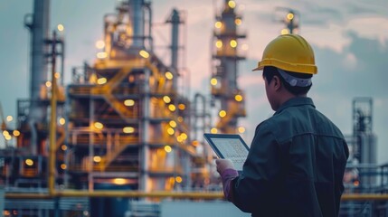 A man wearing a yellow hard hat is looking at a tablet while standing in front of a large industrial plant