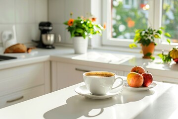 Fototapeta na wymiar Bright modern kitchen morning coffee scene with copy space, summer breakfast setting on white table