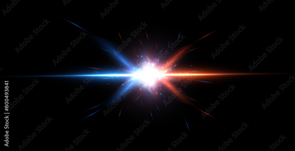 Poster bright blue-red light effect with rays and highlights for vector illustration.