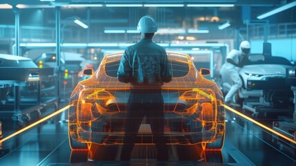Futuristic automotive engineer at advanced tech assembly line for car manufacturing