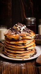 fluffy chocolate chip pancakes in table