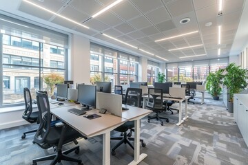 Modern office space with bright lighting and fully equipped desks for efficient work environment
