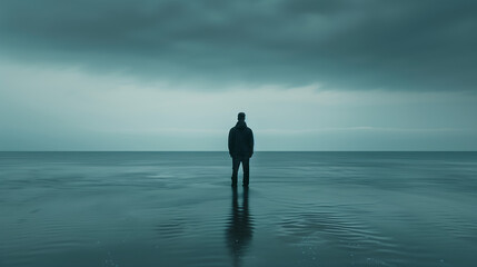 A man gazes out at a stormy sea, with heavy clouds suggesting an impending storm
