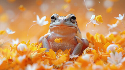 A tree frog with radiant yellow patterns bounding through a field of blooming wildflowers