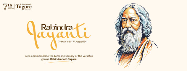 Fototapeta premium Rabindranath Tagore illustration for 22 Shey Shrabon Rabindra Jayanti Social Media Post, Web Banner, Status
