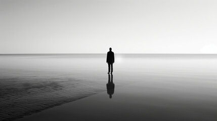 A minimalistic black and white image of an individual’s silhouette standing at the edge of a calm sea, reflecting introspection