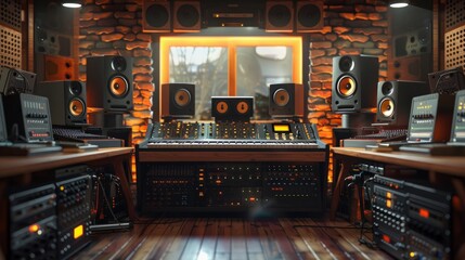 Obraz premium A professional music studio with a large mixing console, speakers, and other equipment.
