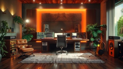 A professional music studio with a mixing console, speakers, and a comfortable chair. The room is decorated with wood and has a large window.