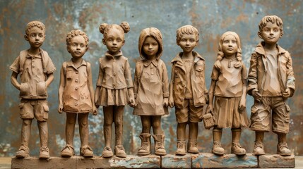 Naklejka premium A row of 7 clay sculptures of children, 3 girls and 4 boys.
