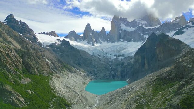 Monte Fitz Roy also known as Cerro Chalten, Cerro Fitz Ro is a mountain in Patagonia, on the border between Argentina and Chile. It is located near the town of El Chalten. Aerial drone view.