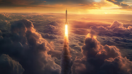Stunning depiction of a rocket launch into the twilight sky, symbolizing human ambition