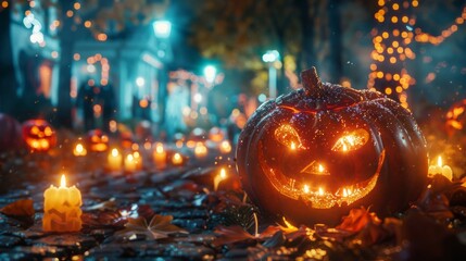 A spooky pumpkin glowing in the night surrounded by candles and fallen leaves