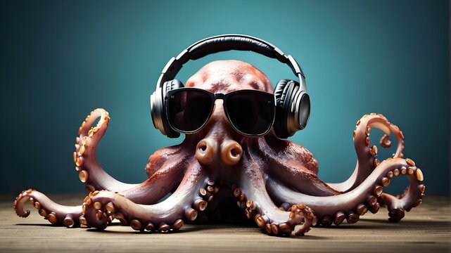 funny octopus with sunglasses in a studio against a vibrant backdropFunny octopus with bright, colorful background sporting sunglasses, Octopus animal, an image of an octopus painted on a black back

