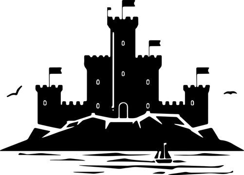 recommend clip art: This stark black silhouette of a medieval castle atop a rugged cliff is ideal for fairy tale and history-themed designs.
                    
                    