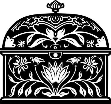 recommend clip art: Elegant black silhouette of an ornate Art Nouveau jewelry box, perfect for vintage and style concepts.