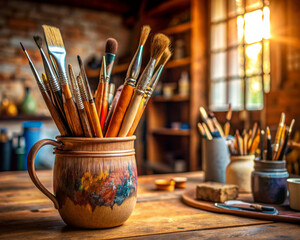 brushes and paints in the room