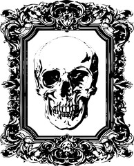 A gothic skull encased in a baroque style frame, perfect for themed events, tattoo designs, and Halloween graphics.