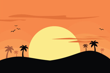Vector Flat Style Sunset Beach. Vector illustration. Sunset, sea beach and sun, mountains sunrise, palms. Romantic natural view of sunset with silhouette palm trees and flying birds.