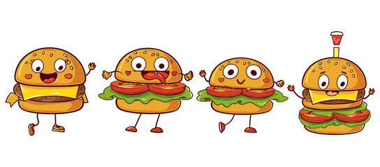 ハンバーガーのレトロな漫画のファーストフードのステッカー。ハンバーガーバー、カフェ、レストランの漫画のキャラクター、スローガン、引用符、その他の要素。トレンディなレトロな漫画スタイルのグルーヴィーなファンキーなベクター イラストです。